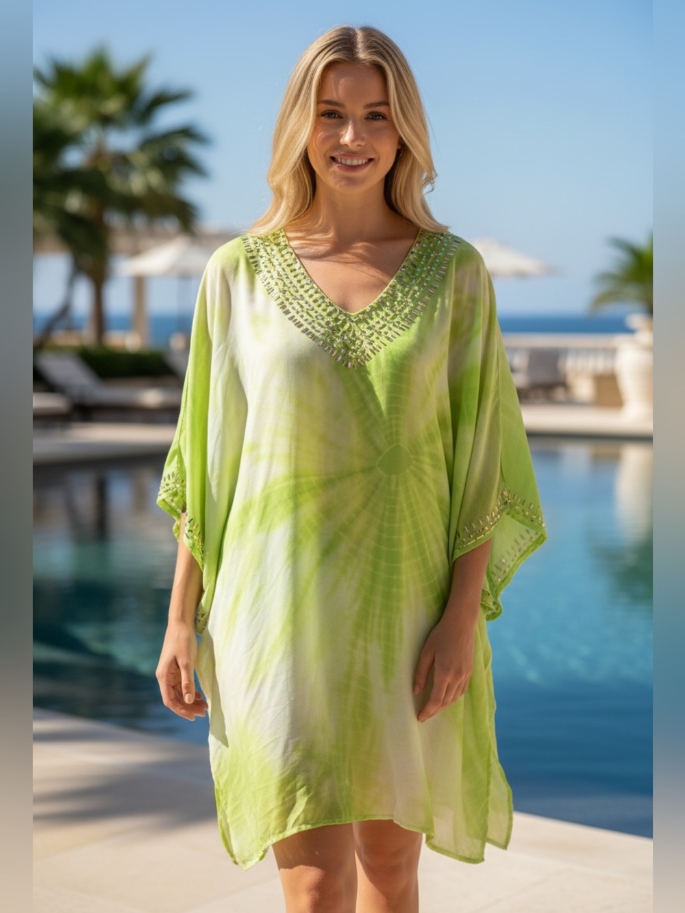 Diane Gilman Lime Green Tie-Dye Beaded V-Neck Kaftan Beach Resort Vacation Top M - Picture 1 of 14